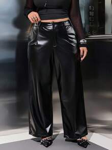 SHEIN EZwear Plus Size Women's Loose Fit Black Pocket Straight-Leg PU Leather Pants Black Leather Pants Women Wide Leg Pants/Winter - Black - View 4