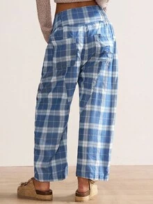 Bohemela 女士休闲梭织格子宽松裤 - 淺藍色 - 查看 6