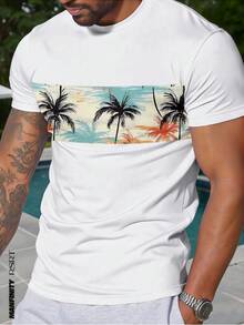 Manfinity RSRT Men's Summer Casual Patchwork Coconut Tree Print Round Neck T-Shirt - Multicolor - View 1