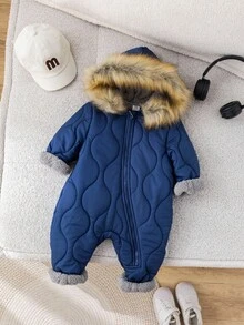 SHEIN 新生儿男女宝宝可爱连帽连体衣，带毛领，男女宝宝通用，抓绒/保暖/加厚，适合秋冬季节穿着 - 彩色 - 查看 4