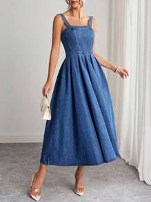 Elenzga Women's Solid Color Minimalist Everyday Sleeveless Washed Pleated Long Denim Dress ,Casual Elegant Lady