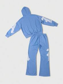 ROMWE MEN Street Life Men's Applique Graphic Hoodie Set , Fall Clothes - Blue - View 2