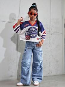 少女Y2K朋克街头风休闲水洗低腰牛仔裤，翻盖口袋褶裥阔腿工装裤，万圣节女孩，圣诞节，秋冬季返校季，秋季，商务休闲女装，秋冬套装，Y2K 2000年代风格，商务休闲女孩，返校季，Y2K牛仔裤，宽松街头牛仔裤，Y2K儿童宽松牛仔裤，少女街头风，少女Y2K牛仔裤 - 中等水洗藍 - 查看 5