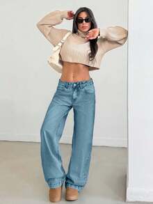 EURMUSE Quần Jeans Nữ Ống Rộng Túi Eo Thấp Thường Ngày Đa Năng - Rửa nhẹ - Xem 5