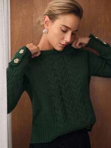 MOTF PREMIUM 绞花针织纯色金属花卉细节毛衣 - 綠色 - 查看 7