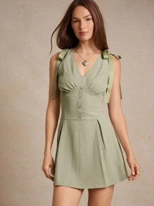 WESTFADE Plaid Checkered Woven V Neck Button Front Pleated Bow Shoulder Mini Dress Back To School Cute Fall Summer Country Concert - Yellow - View 1