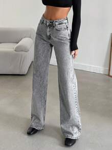 EURMUSE 100%Cotton Solid Slant Pocket Casual Wide Leg Jeans - Light Grey - View 4