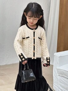 DAZY Cárdigan de cuello redondo con trenzado frontal de estilo coreano de punto de cable para niña, otoño e invierno - Blanco - Ver 8