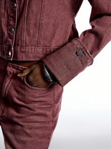 LYSMO Áo khoác denim cổ điển giặt thường ngày dành cho nữ - màu nâu - Xem 7