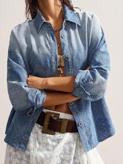 Bohemela Casual Woven Denim Long Sleeve Loose Blouse For Women