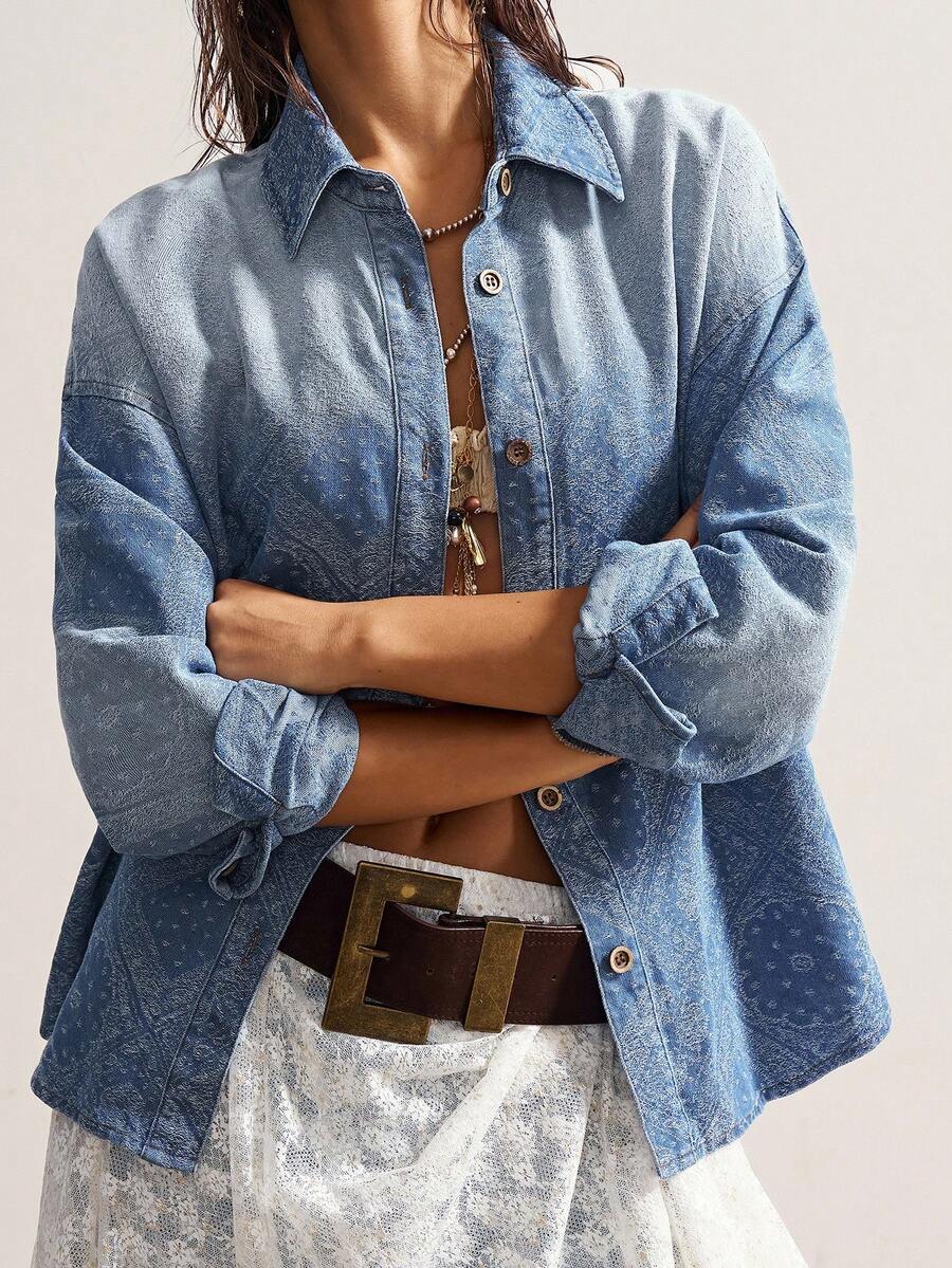 Bohemela Casual Woven Denim Long Sleeve Loose Blouse For Women - Blue - View 1