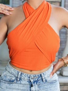 Melissa Matos Women's Summer Casual Backless Halter Tank Top - Orange - View 3
