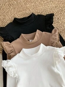 LMoss Kids Set de 3 camisetas casuales de cuello redondo con volantes de unicolor para niña