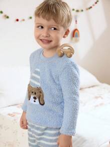 2pcs Young Boy Blue Cartoon Dog Embroidered Fleece Pajama Set,Winter Kids Plush Loungewear,Autumn,Family Matching Sleepwear For Kids Fall - Blue - View 6