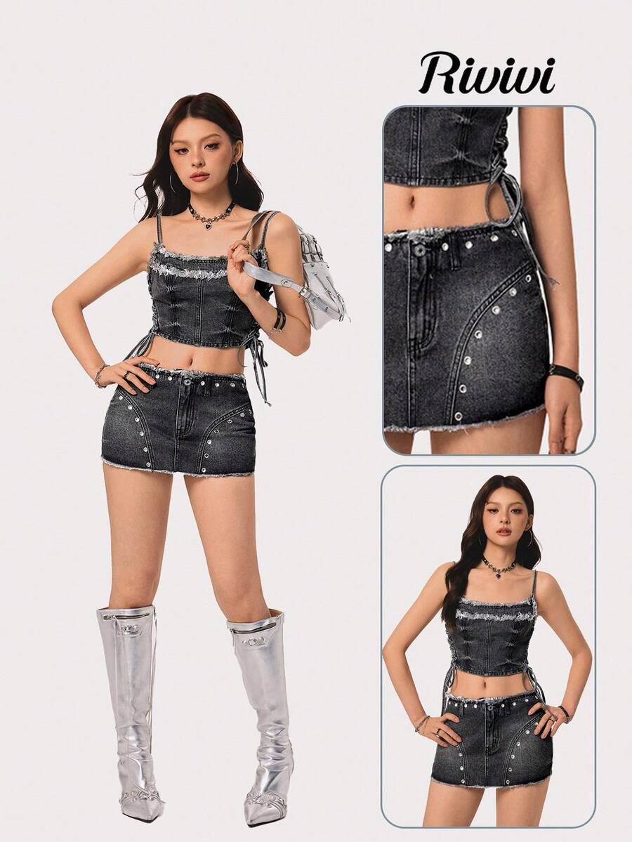 SHEIN ICON 美式性感抹胸上衣搭配牛仔裙套装，狂野装扮 - 黑色 - 查看 1