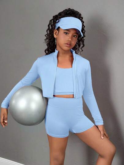 SHEIN 3pcs Tween Girl Long Sleeve Zip-Up Mock Neck T-Shirt, Vest And Leggings Sports Outfit Set Baby Blue Outfit Blue Set Blue Two Piece Set Blue Clothes Teen 3 Piece Short Set Baby Blue Outfit Girls Light Blue Outfit Light Blue Outfits Blue Outfits For Teens