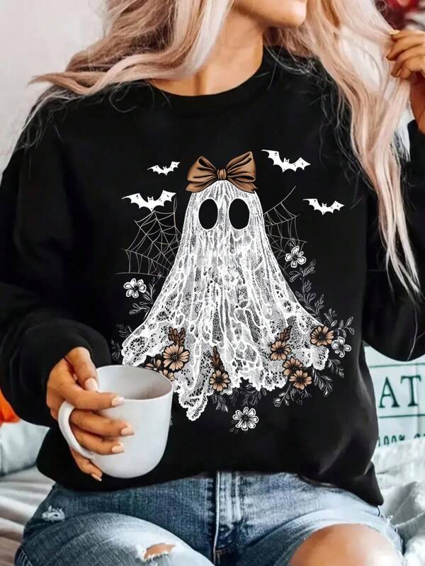 EMERY ROSE Ladies' Casual And Fashionable Halloween Ghost Print Round Neck Hoodie, Halloween Hoodie, Suitable For Autumn And WinterPulloverFall Outfit