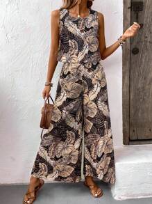 EMERY ROSE Bohemian Style Vintage Print Round Neck Crop Top And Wide Leg Pants 2 Pieces Set, Summer Beach Vacation Casual Outfit For Women - Multicolor - View 6