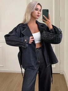 Livesso Women's Lapel Jacket And Loose Fit Jeans Set - Blue - View 3