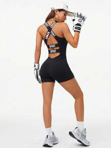 Coolane 女式露背紧身连体裤，饰有“Sport”字母罗纹饰边 - 黑色 - 查看 2