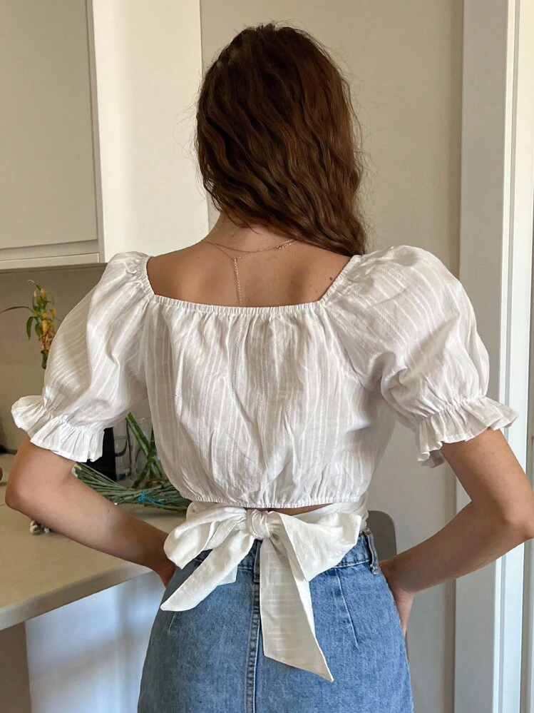 DAZY 新作 秋 甘い カジュアル リボン ストラップ レディースシャツ バケーション - ホワイト - 見る 1