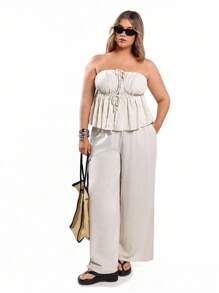 Solavibe Plus Size Summer Casual Solid Color Sleeveless Top And Long Pants 2 Pieces Set - Apricot - View 1