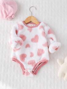 Cozy Pixies 女婴爱心图案加厚抓绒圆领长袖连体衣，女婴冬季新生儿服装，女婴爱心套装，柔软婴儿服，粉色女婴套装 - 彩色 - 查看 5