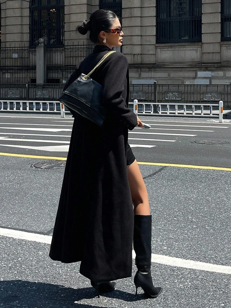 Women's Solid Color Fitted Waist Pocket Long Sleeve Turndown Collar Elegant Casual Thick Overcoat, Autumn/Winter