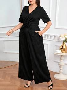 Modelyn 2pcs/Set Loose Casual Plus Size V-Neck Twist Front Textured Short Sleeve - Black - View 6