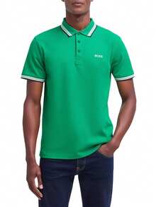 Hugo Boss 男士夏季字母条纹印花 Polo 领短袖休闲 T 恤 - 303 深綠色 - 查看 1