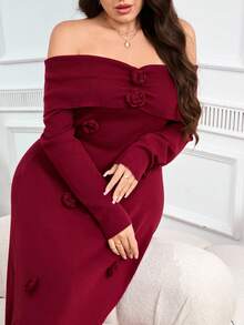 Modelyn 秋冬大码露肩花卉装饰优雅修身长款针织毛衣裙 - 酒紅色 - 查看 6