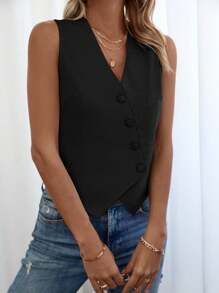 SHEIN LUNE Women's Casual Solid Color V-Neck Sleeveless Blazer - Black - View 3