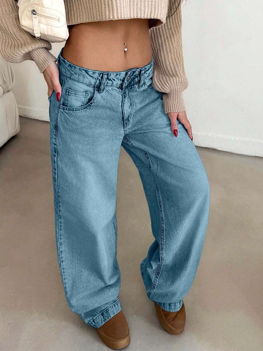 EURMUSE Quần Jeans Nữ Ống Rộng Túi Eo Thấp Thường Ngày Đa Năng - Rửa nhẹ - Xem 1