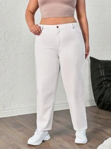 RueChic 高腰休闲纯色妈妈装牛仔裤 - 白色 - 查看 6