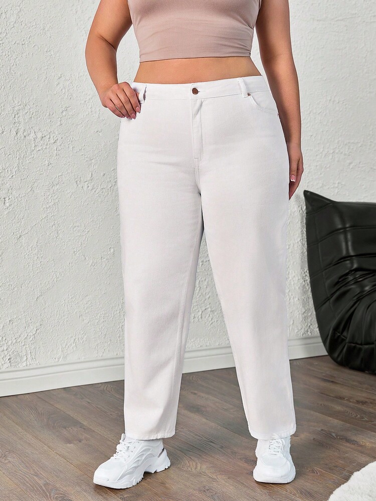 RueChic 高腰休闲纯色妈妈装牛仔裤 - 白色 - 查看 6