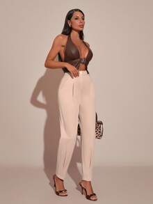 SHEIN Pantalon de costume plissé de couleur unie pour femmes - Beige - Voir 5