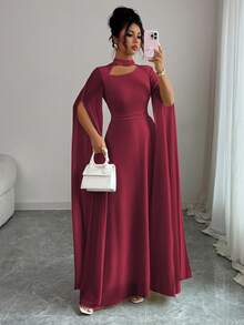 Elenzga Women's Elegant French Romantic Vacation Style Beach Dress, Chiffon Sheer Fabric, Hollow Collar, Criss-Cross Back Tie, Flared Maxi Skirt, Long Sleeve, Slit Cuffs, Suitable For Afternoon Tea, Party, Middle East Style, Spring/Summer Fall Cloth For Women - Burgundy - View 6