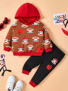 Paul Frank X SHEIN 2pcs Baby Girl Cute Cartoon Pattern Hooded Long Sleeve Sweatshirt And Skinny Pants Casual Outfit Set - Khaki - View 1