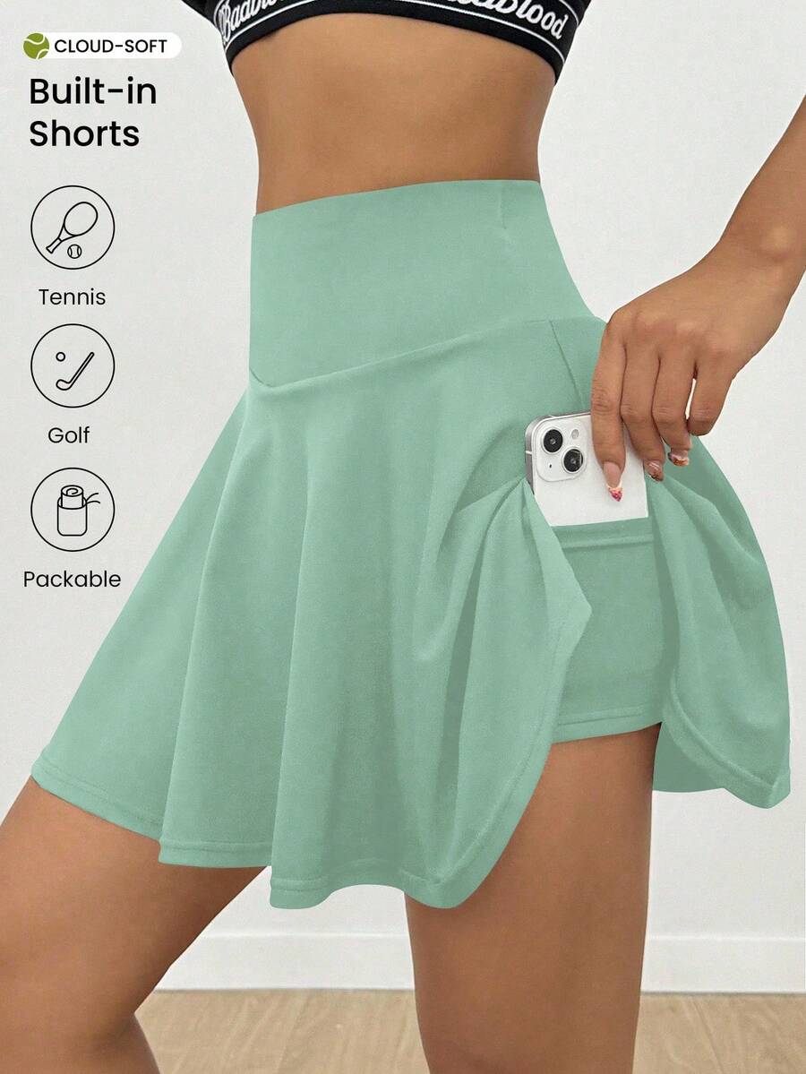 SHEIN Sports 女式纯色高腰口袋运动短裙