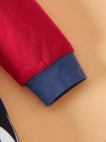 Paul Frank X SHEIN 男婴拼接条纹卡通猴子印花圆领长袖柔软亲肤连体衣 - 紅白色 - 查看 5