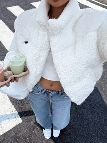 SHEIN EZwear Áo khoác ngắn đệm bông thêu cổ lông mùa đông cho nữ - trắng - Xem 6