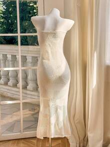 Skyraze Women's Elegant Slimming Crochet Halter Knitted Dress,Vacation Style Music Festival Fashionable And Elegant Boho White Long Dress - White - View 7