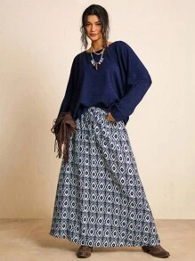 SHEIN LUNE Plus Size Women Holiday Casual Knit Top & Allover Print Skirt 2 Pieces Set Fall/Winter Clothes Chic - Navy Blue - View 5
