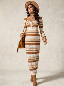 Boho Mama Pregnant Women's Striped Front Tie Long Sleeve Hollow Out Knit Dress - Multicolor - View 4