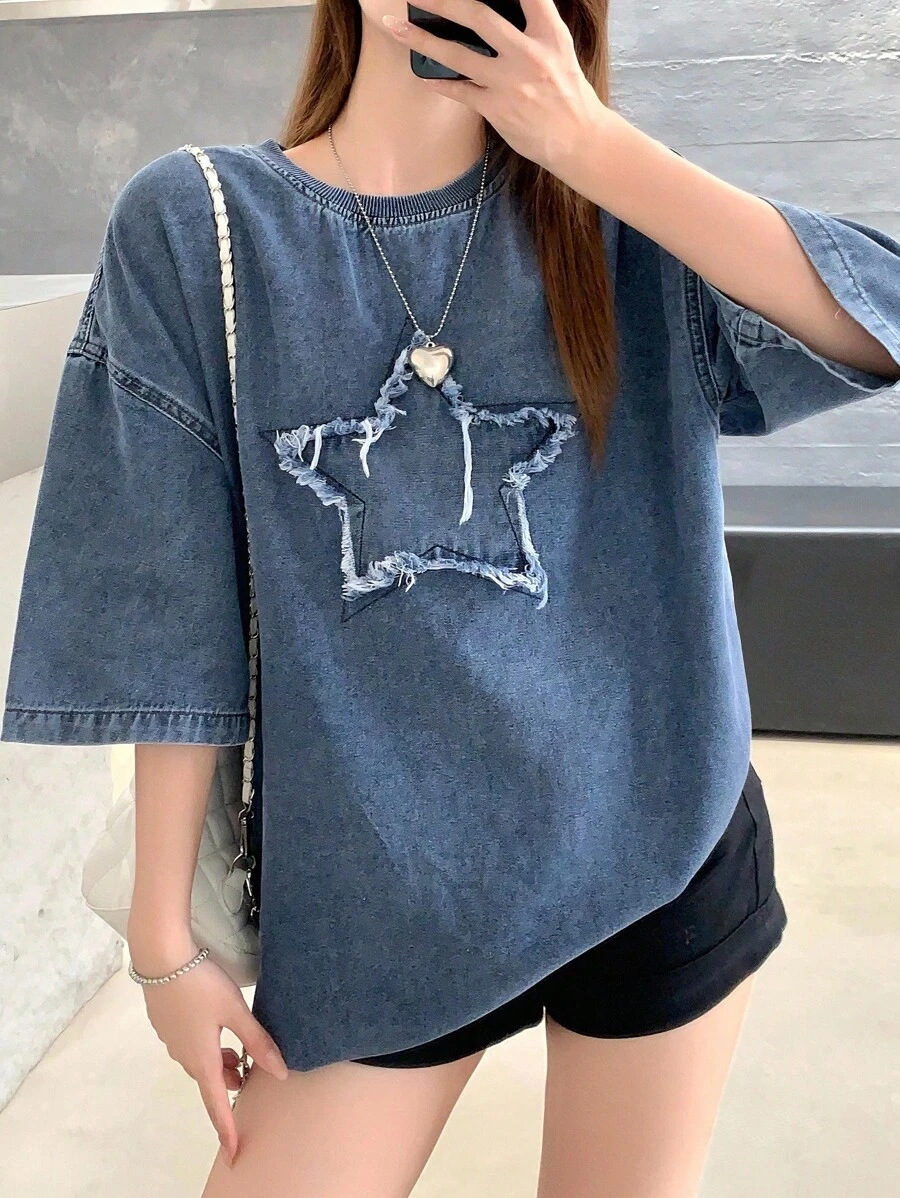 SHEIN 少女 Y2k 上衣 2000 年代风格宽松大码牛仔上衣，圆领，落肩，五角星磨损设计，垃圾朋克服装，女孩秋冬返校返校节服装套装，纽扣后背牛仔衬衫