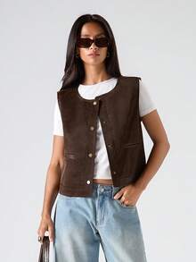 LYSMO 秋冬女士纯色圆领单排扣休闲轻便背心夹克 - 棕色 - 查看 1