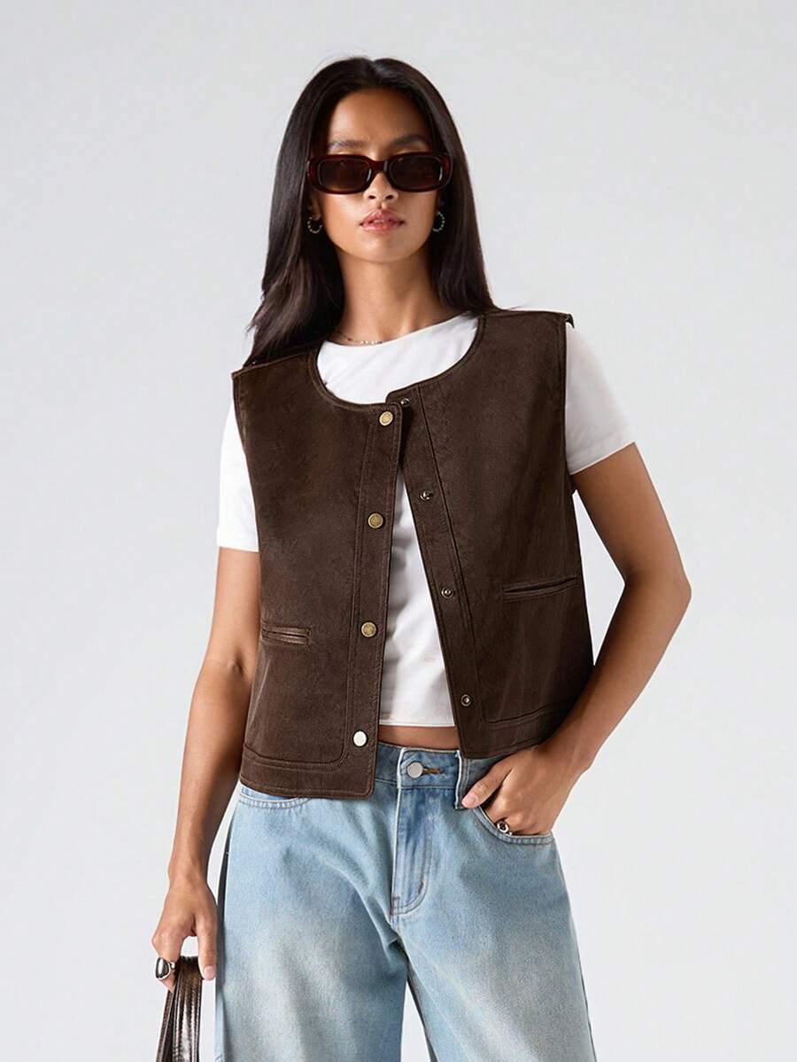 LYSMO 秋冬女士纯色圆领单排扣休闲轻便背心夹克 - 棕色 - 查看 1