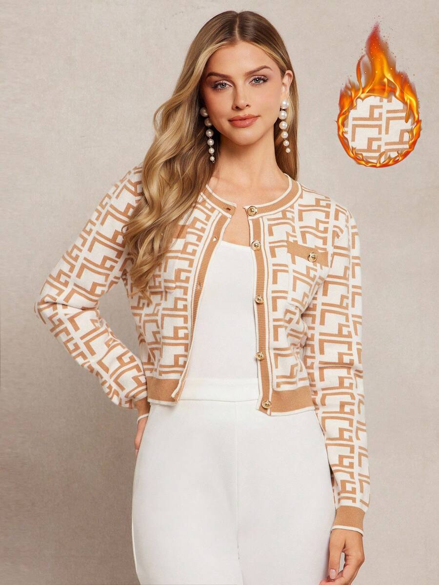 Amorya 女式优雅针织撞色复古卡其色花卉图案开衫，秋季 - 彩色 - 查看 1