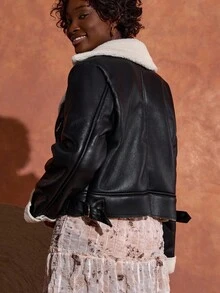 Bóhologie Faux Leather Jacket With Asymmetric Front Zipper, Sherpa Fleece Lining On Collar And Cuffs, Two Zippered Side Pockets, Edgy And Warm Outerwear - Black - View 2