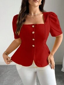 Elenzga 大码女式纯色方领单排扣短款泡泡袖优雅衬衫 - 紅色 - 查看 6